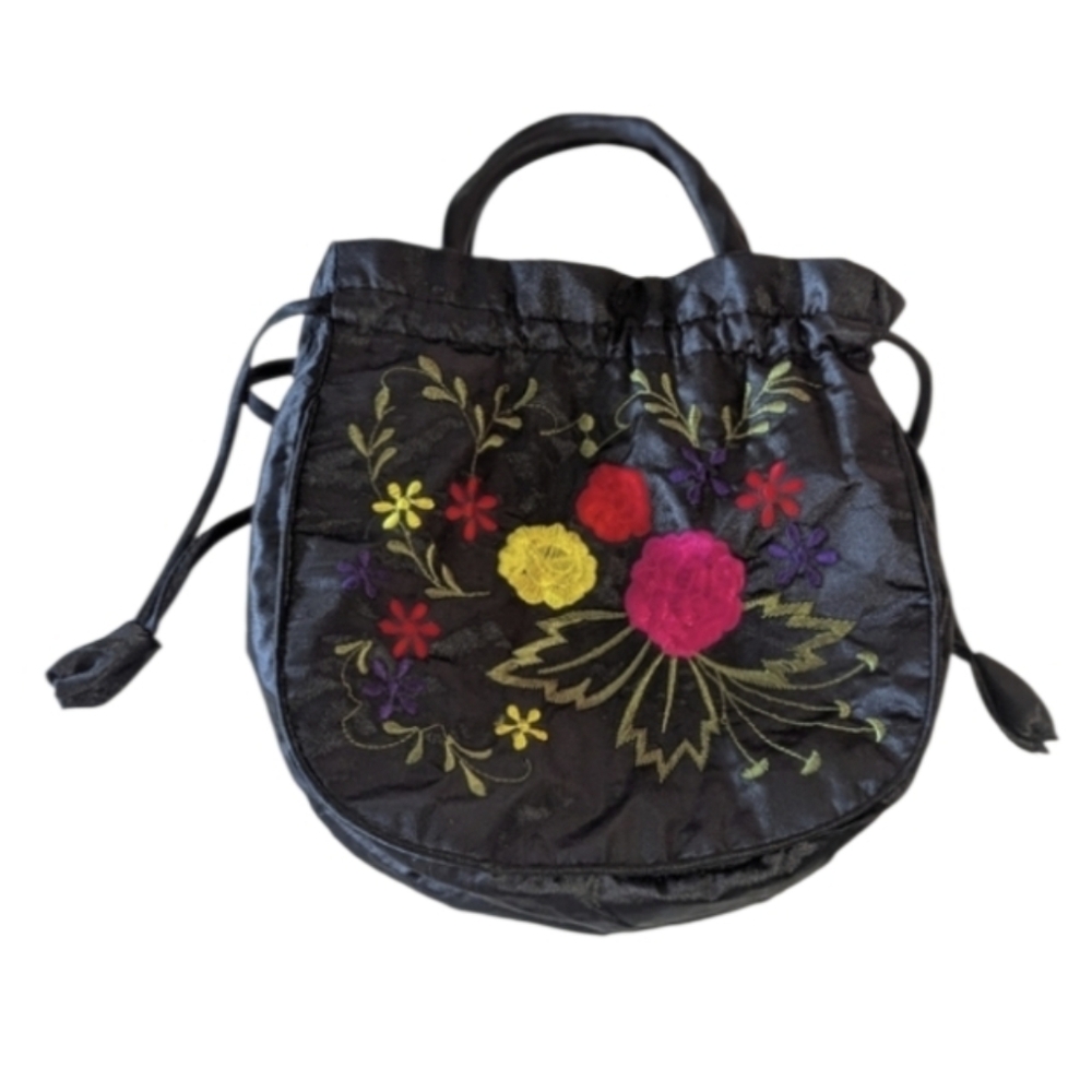 Vintage Embroidered Satin Mini Bag Black Beijing Souvenir Floral Drawstring - Picture 1 of 10